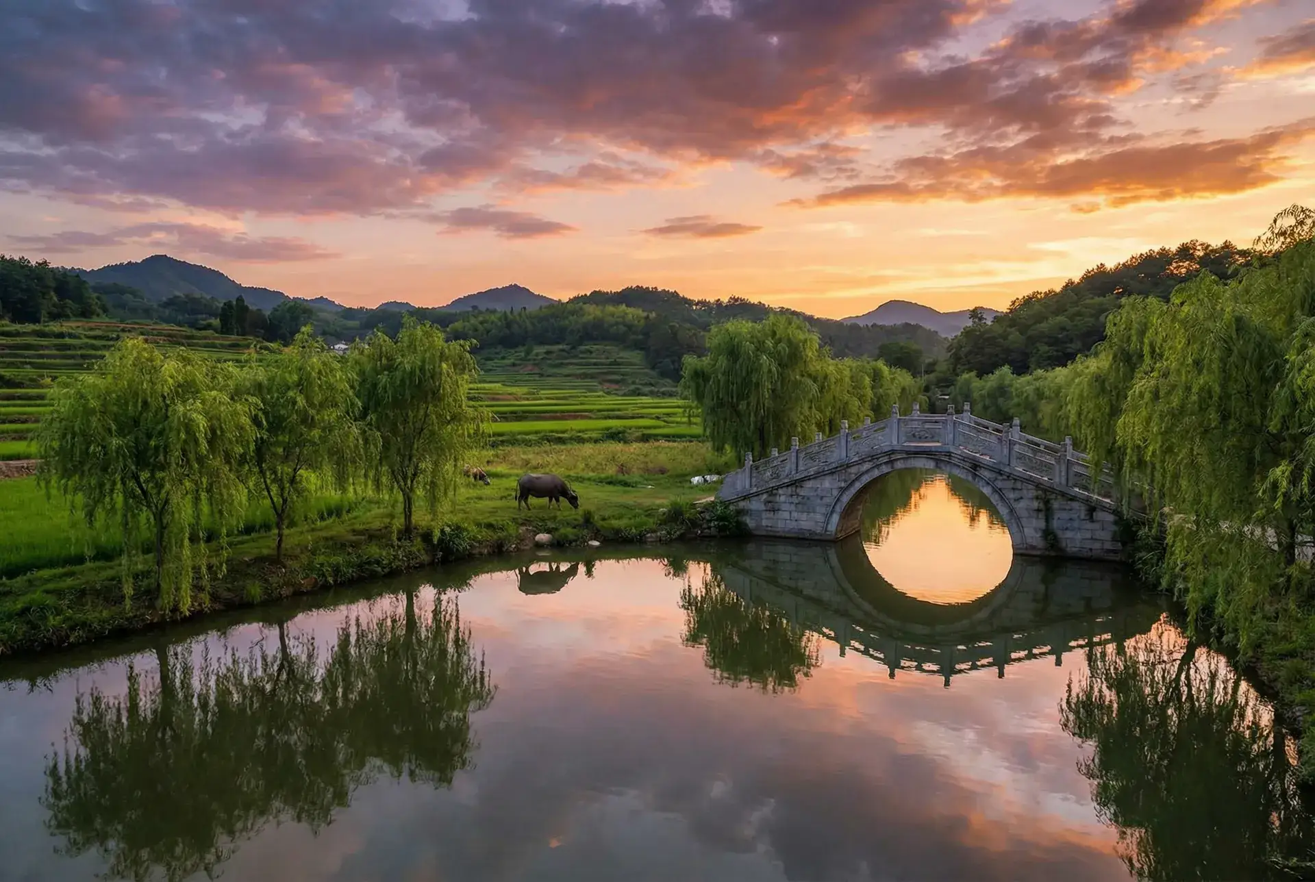 夕阳下的石拱桥与垂柳，水牛在河边吃草 - 一个色导航 乡村美景